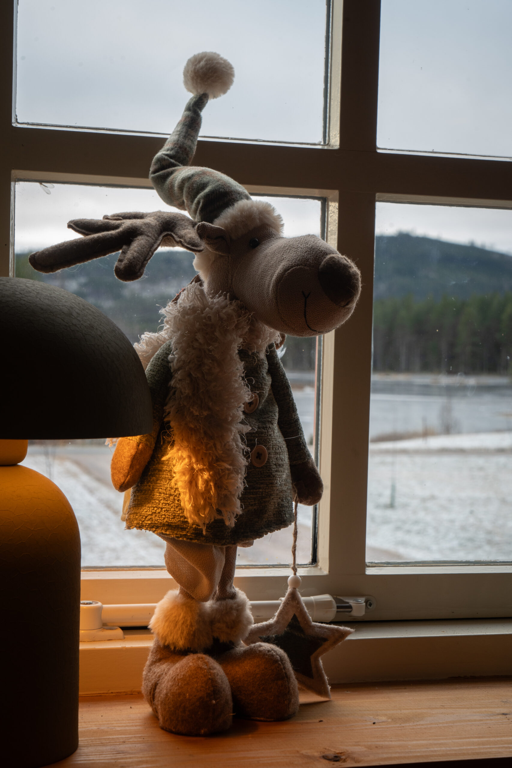 Het uitzicht op het meer vanuit het vakantiehuis van Friluft Sweden. Kersteland voor het raam.