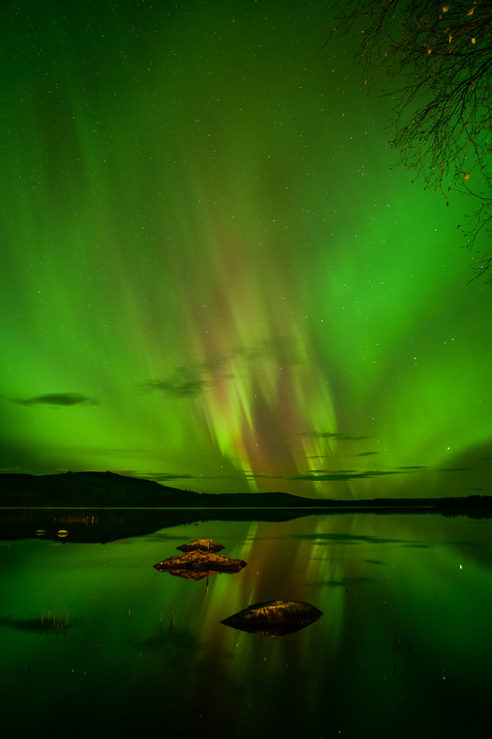 Het Noorderlicht bij Friluft Sweden met een weerkaatsing op het meer in Zweden
