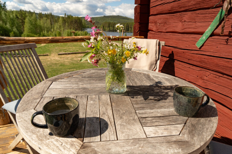 Het terras van Friluft Sweden in de zomer