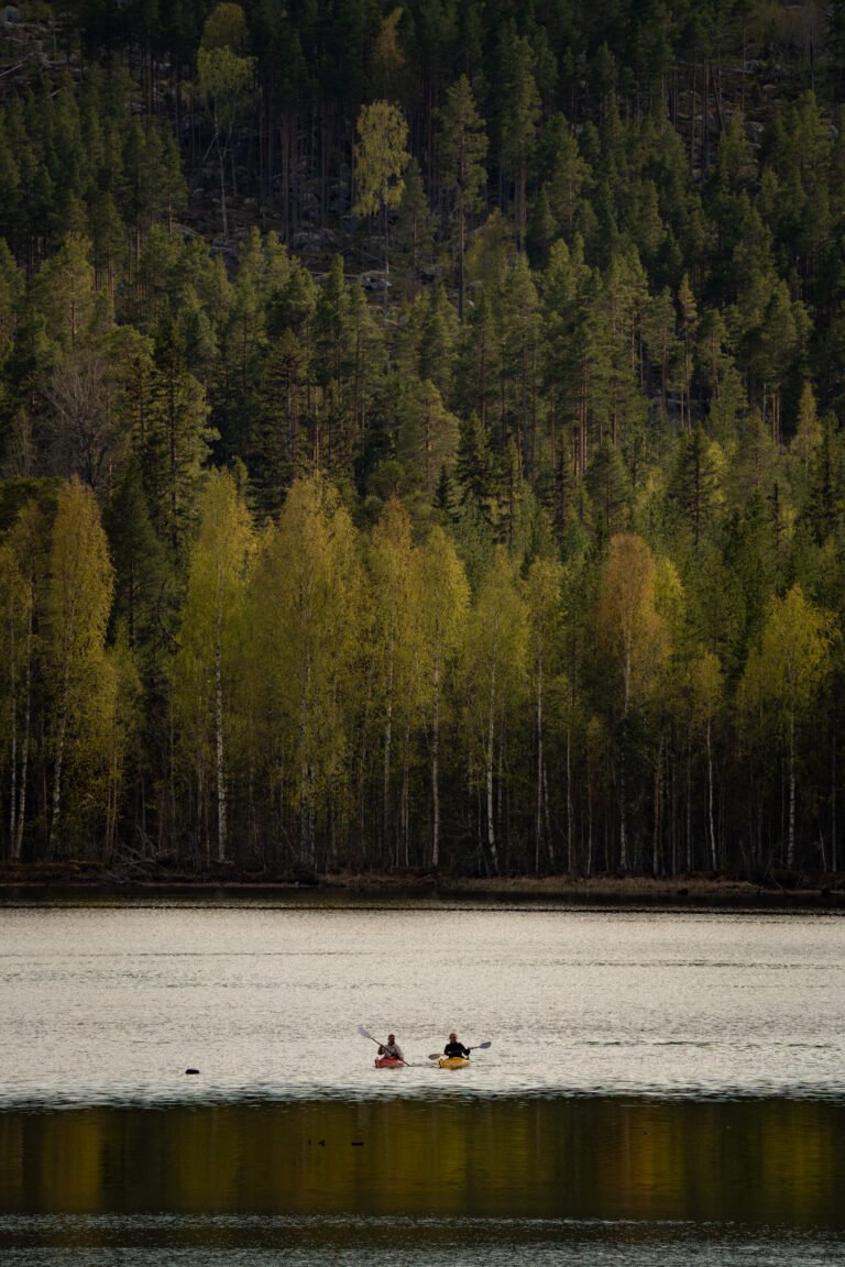 Twee kajakkers op het water de Ljusnan bij Friluft Sweden in Zweden